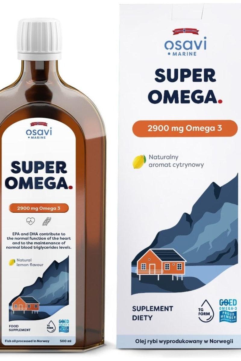 Osavi Super Omega 2900 mg bottle and packaging with natural lemon flavor for heart and brain health support.