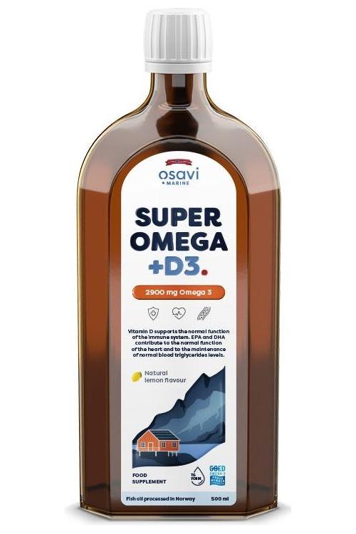 Osavi Super Omega +D3, 2900 mg fish oil supplement in lemon flavor, promotes brain and heart health.