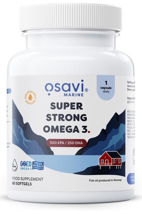 Osavi Super Strong Omega 3 supplement bottle with 500 EPA and 250 DHA for brain and heart health.