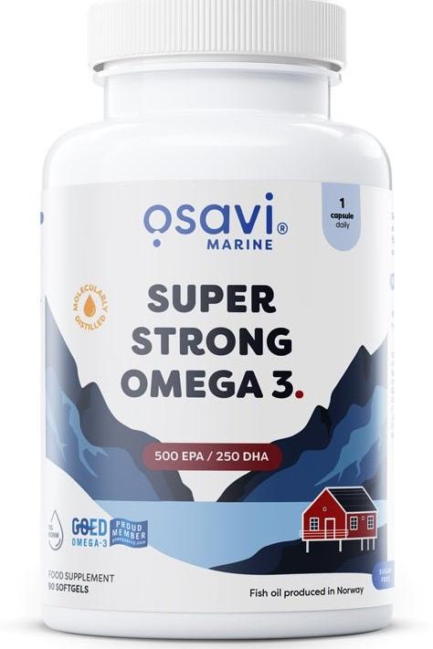 Osavi Super Strong Omega 3 supplement bottle featuring 500 EPA and 250 DHA in Norway.