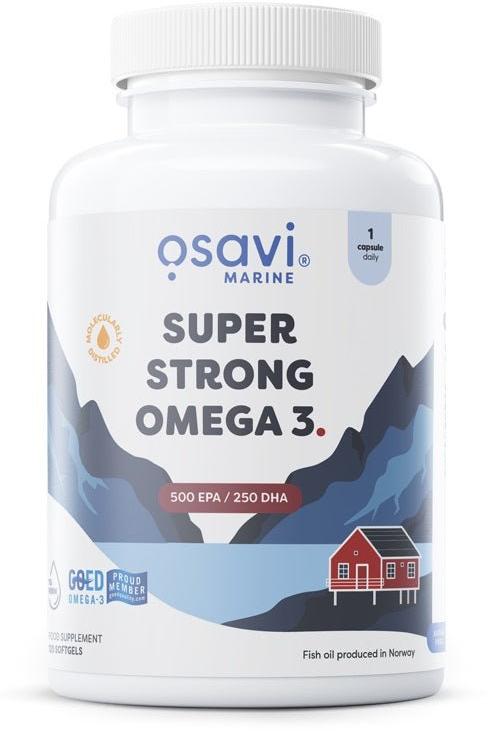 Osavi Super Strong Omega 3 dietary supplement bottle, featuring 500 EPA and 250 DHA for brain and heart health.