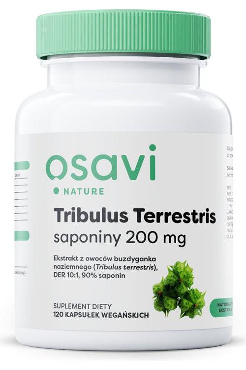 Osavi Tribulus Terrestris supplement bottle, 200 mg saponins, 120 vegan capsules for metabolic health.