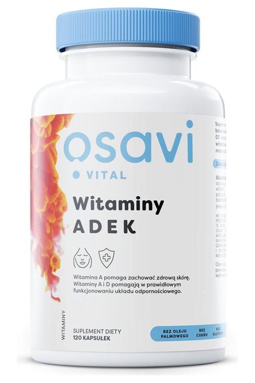 Osavi Vitamin ADEK softgel supplement, featuring natural beta-carotene, vitamin D3, E, K2, and MCT oil from coconut.
