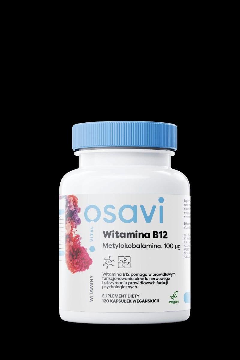 Osavi Vitamin B12 supplement in a clear bottle, featuring methylcobalamin for energy and nervous system support.