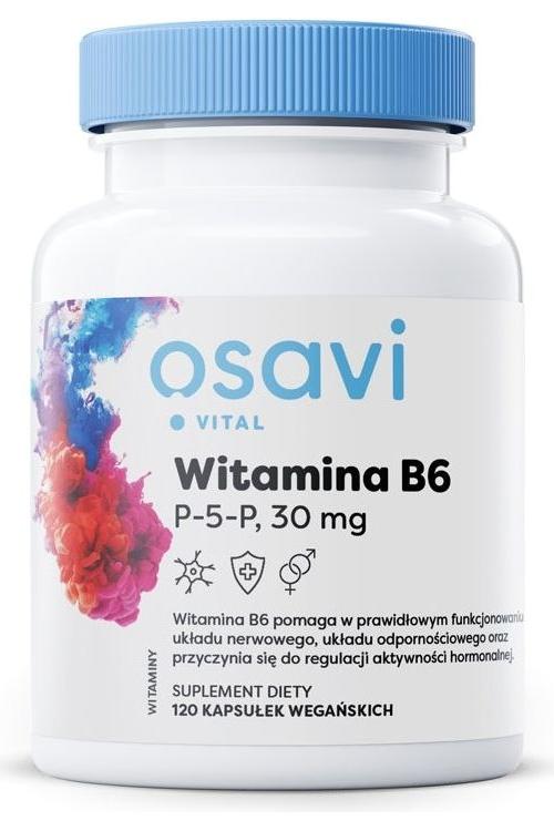 Osavi Vitamin B6 P-5-P supplement bottle, 120 vegan capsules, supports nervous system and hormone balance.