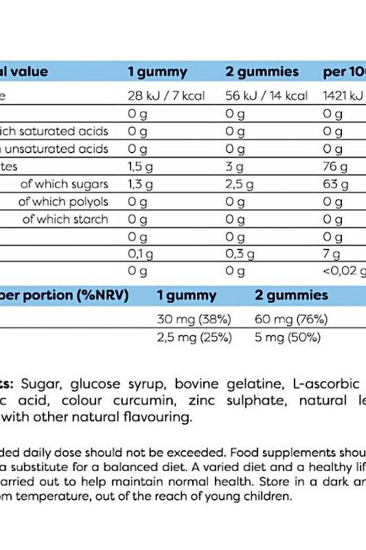 Nutrition facts for Osavi Vitamin C + Zinc gummies, detailing ingredients and per serving values.