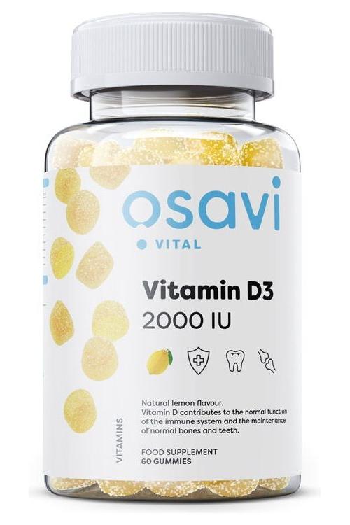 Osavi Vitamin D3 Gummies in a bottle, 2000 IU, supports immunity and bone health, natural lemon flavor.