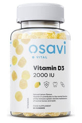Osavi Vitamin D3 Gummies in a bottle, 2000 IU, supports immunity and bone health, natural lemon flavor.