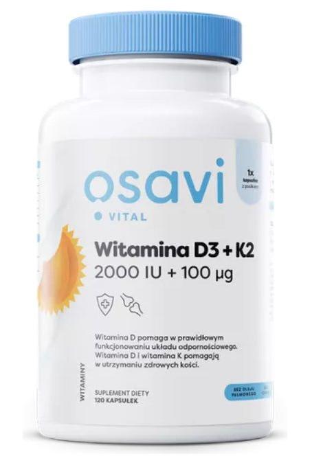 Osavi Vitamin D3 + K2 dietary supplement bottle, 120 capsules, supports bone health and immune function.