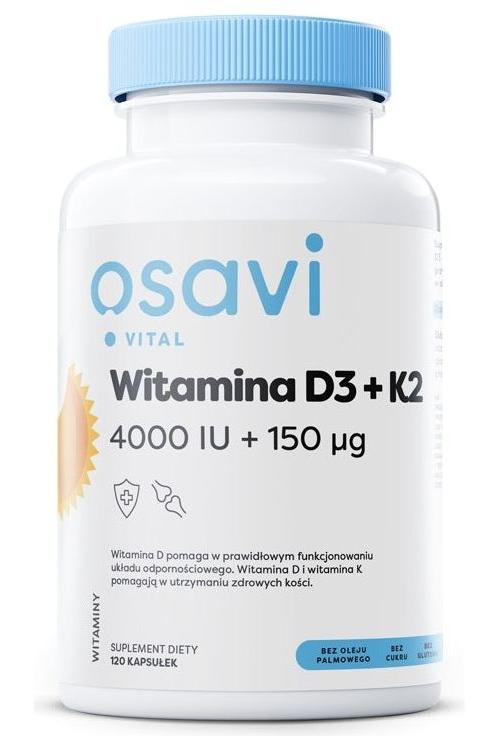 Osavi Vitamin D3 + K2 supplement bottle with 4000 IU and 150 mcg for bone and immune health.