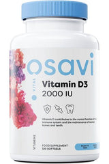 Osavi Vitamin D3 supplement bottle, 2000 IU, supports immune function and bone health, containing 120 softgels.