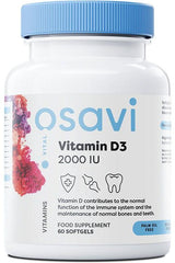 Osavi Vitamin D3 supplement bottle, supports immune health and normal bone function, 60 softgels, 2000 IU.