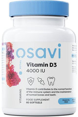 Osavi Vitamin D3 supplement bottle, 4000 IU, supports immune health and bone strength.