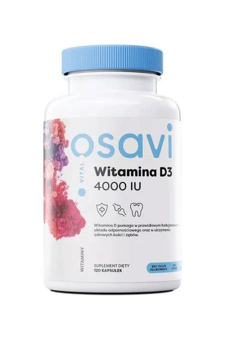 Osavi Vitamin D3 4000 IU supplement bottle, supports immune function and bone health in capsule form.