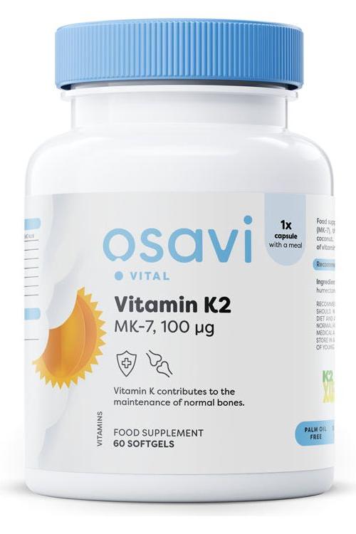 Osavi Vitamin K2 MK-7 100 mcg softgels supplement for normal bone maintenance and blood coagulation.