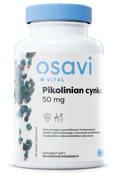 Osavi Zinc Picolinate supplement bottle, 50 mg, 120 vegan capsules, supports immune function and cognitive health.