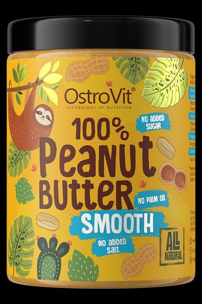 OstroVit 100% Peanut Butter jar with smooth texture, labeled no added sugar, no palm oil, and all natural.
