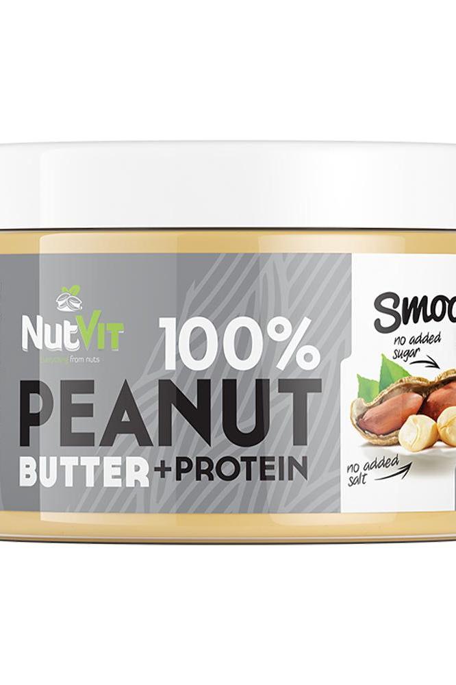 NutVit 100% Peanut Butter + Protein Smooth jar, rich in healthy fats, perfect for active lifestyles and plant-based diets.