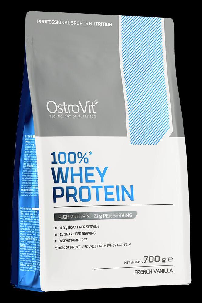 OstroVit 100% Whey Protein packaging in French Vanilla flavor, highlighting high protein content and sports nutrition.