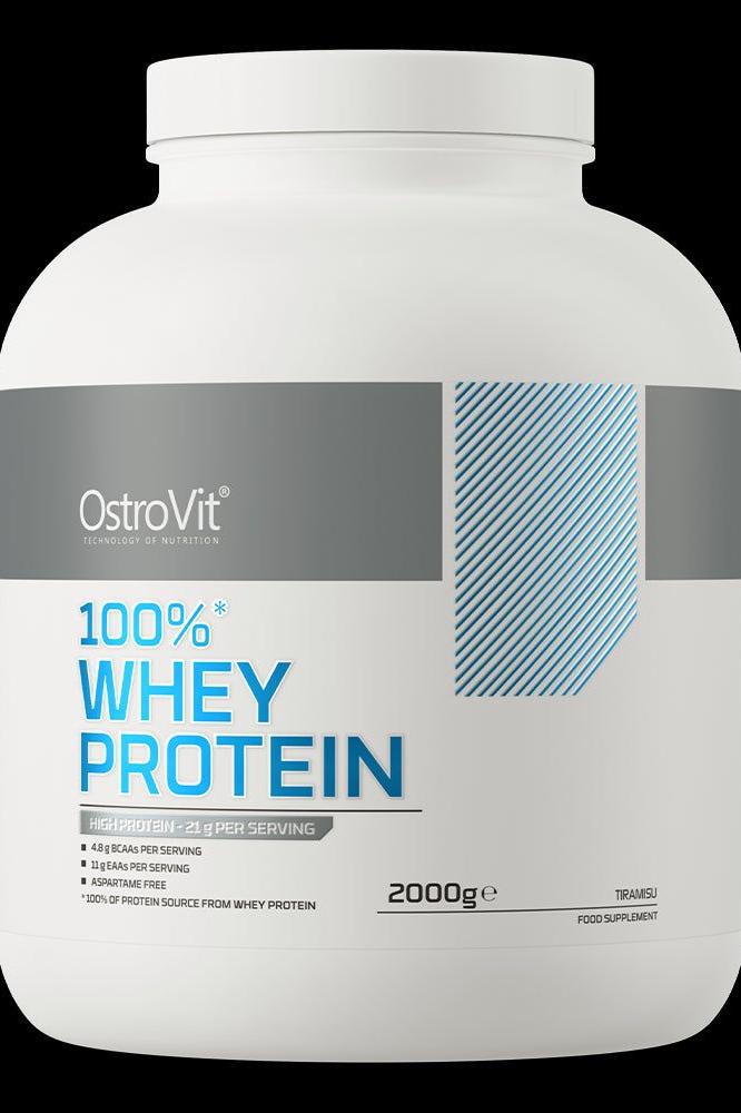 OstroVit 100% Whey Protein supplement container with 2000g, high protein content, perfect for muscle building.