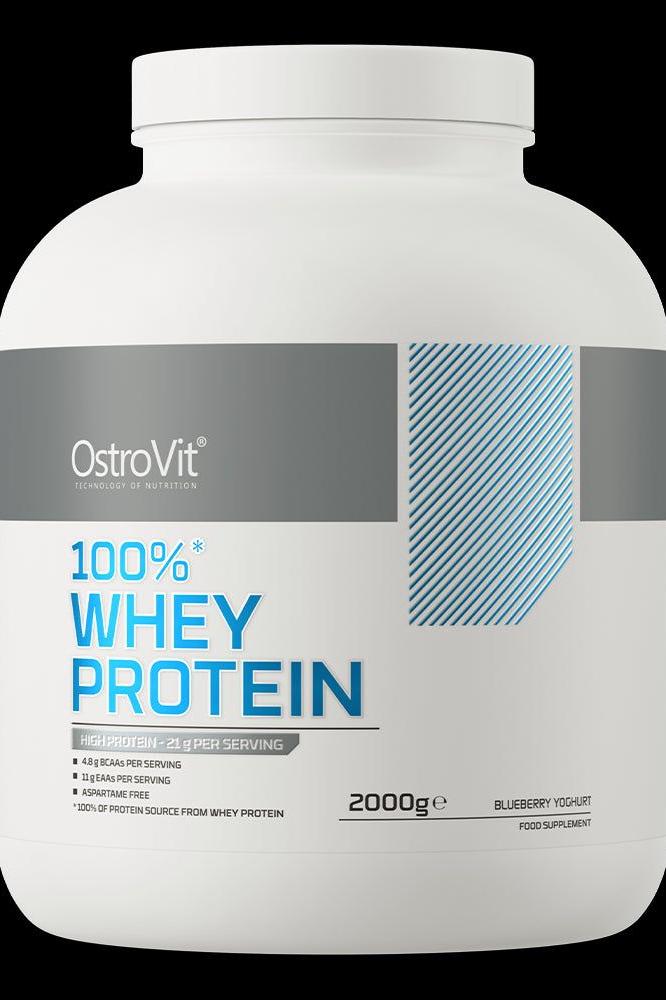 OstroVit 100% Whey Protein powder container in blueberry yogurt flavor, 2000g, high protein supplement.