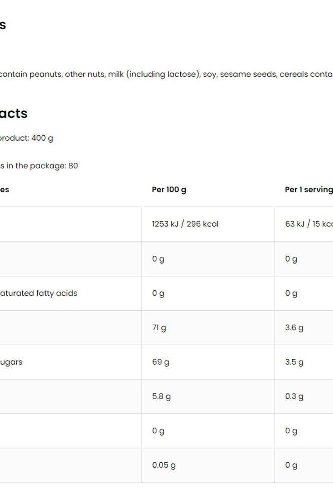 OstroVit Agave Syrup nutritional information table, showing 400 g product details and serving sizes.