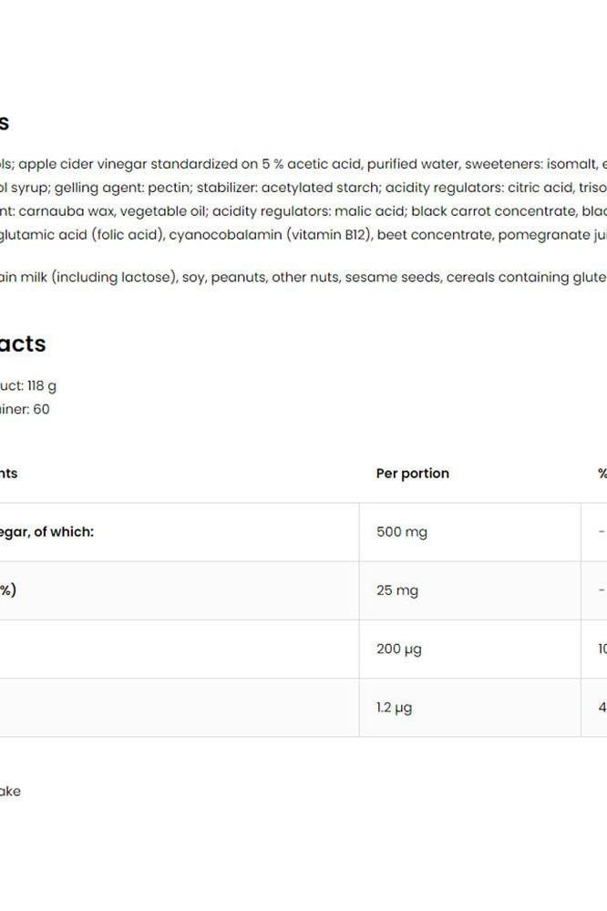 Nutritional information and ingredients for OstroVit Apple Cider Vinegar Gummies, 60 count.