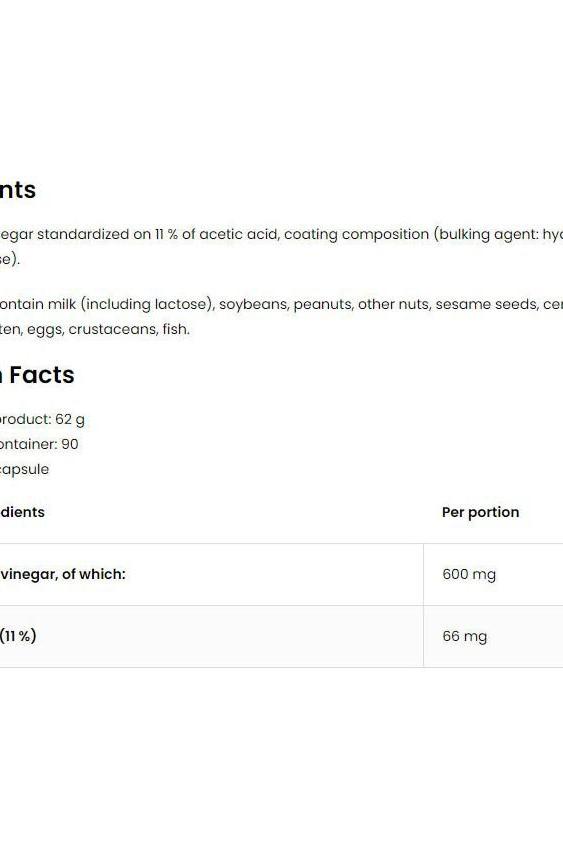 OstroVit Apple Cider Vinegar VEGE supplement nutrition facts and ingredient details.