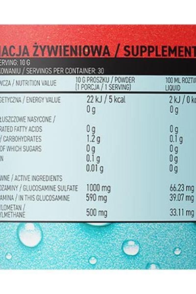 Nutrition label of OstroVit Aqua Kick Flex supplement, detailing servings, energy values, and active ingredients.