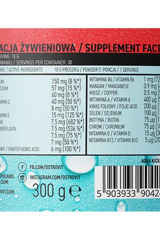 Nutritional information and supplement facts for OstroVit Aqua Kick VIT&MIN in Strawberry flavor, 300g.