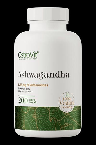 OstroVit Ashwagandha supplement bottle with 200 vegan tablets containing withanolides.