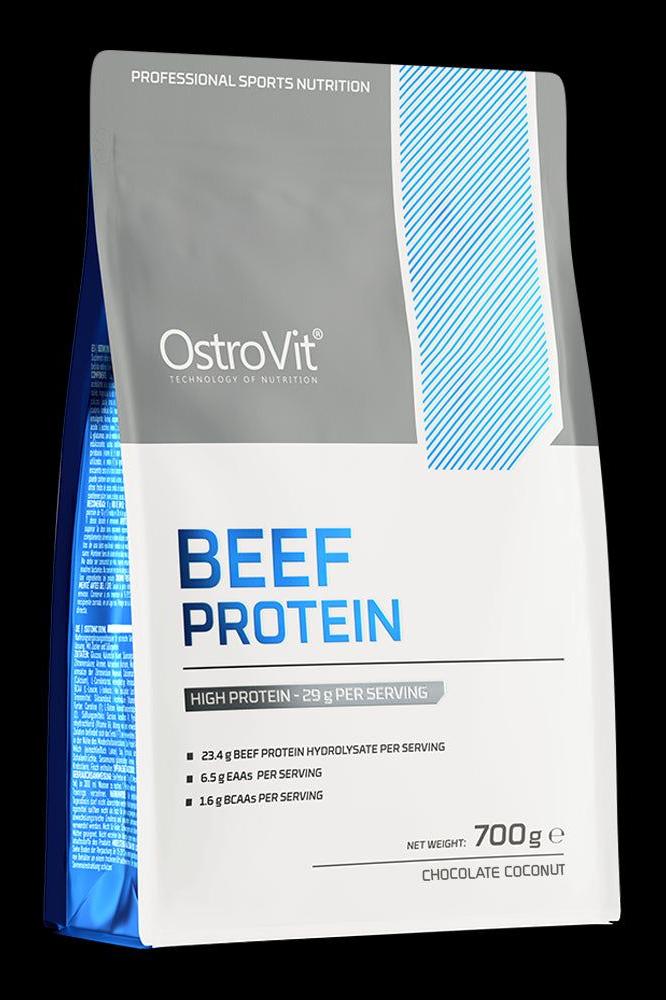 OstroVit Beef Protein packaging featuring high protein content and chocolate coconut flavor, perfect for muscle building.