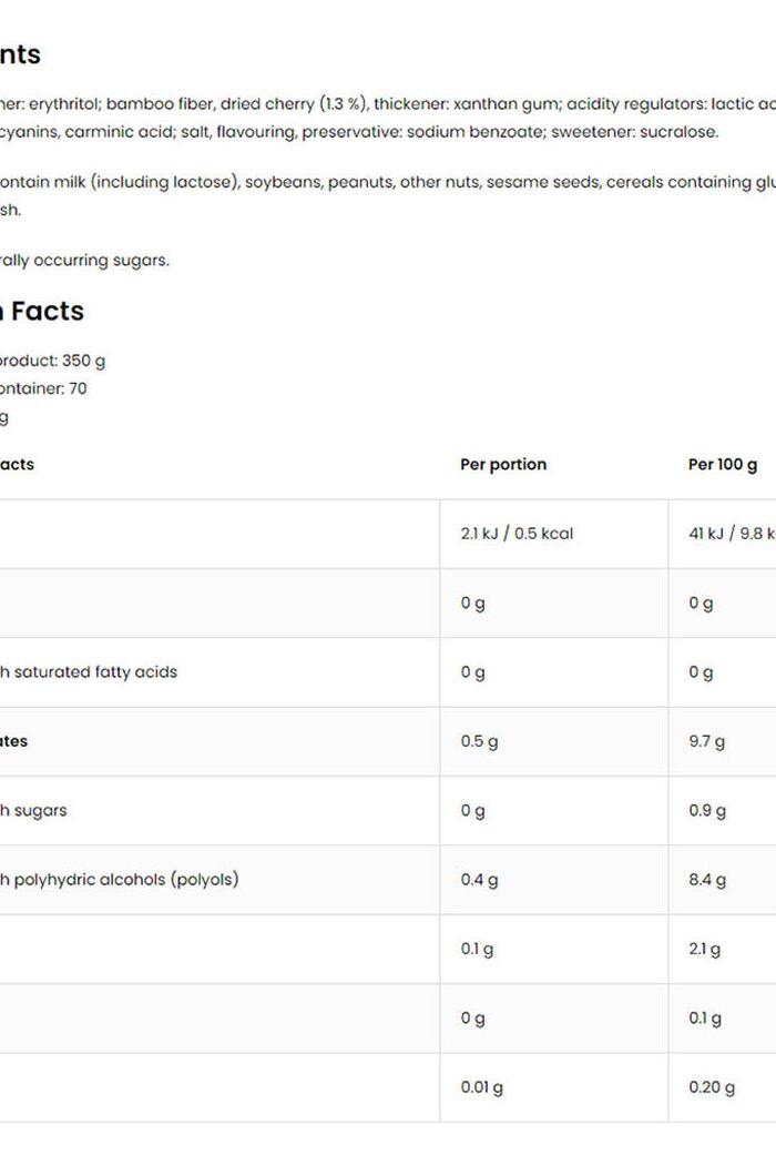 Nutritional information for OstroVit Cherry Flavoured Sauce, detailing ingredients and calories per portion.