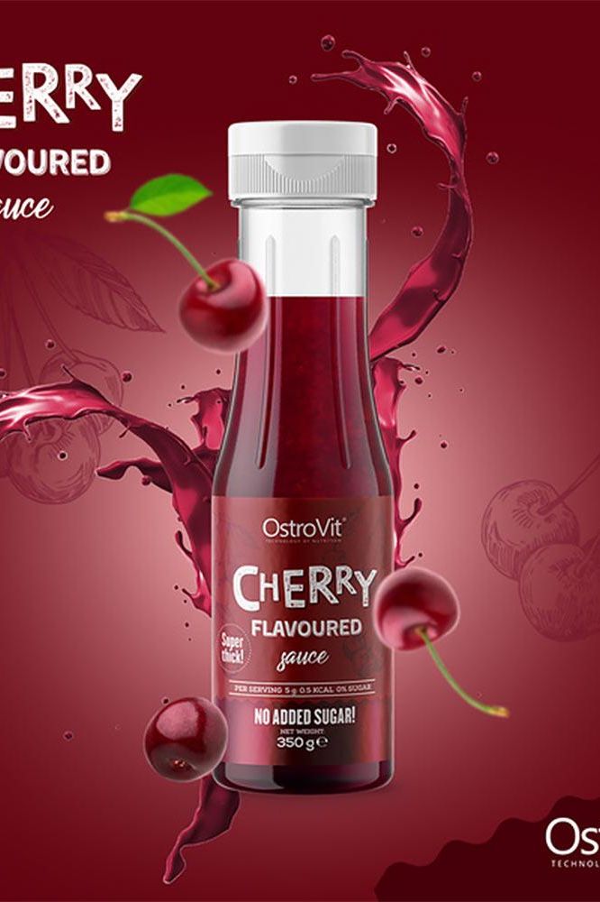 OstroVit Cherry Flavoured Sauce 350g in a bottle, a sugar-free sweetener option with low calories.