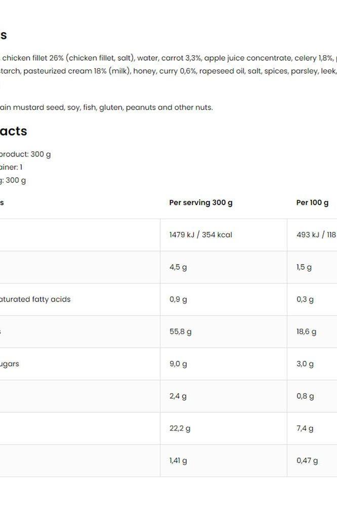 Nutritional information for OstroVit chicken curry dish with rice, including ingredients and serving details.