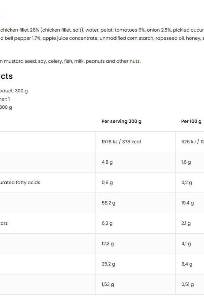 Nutritional information for OstroVit chicken dish in hunter-style sauce with bulgur, 300g.