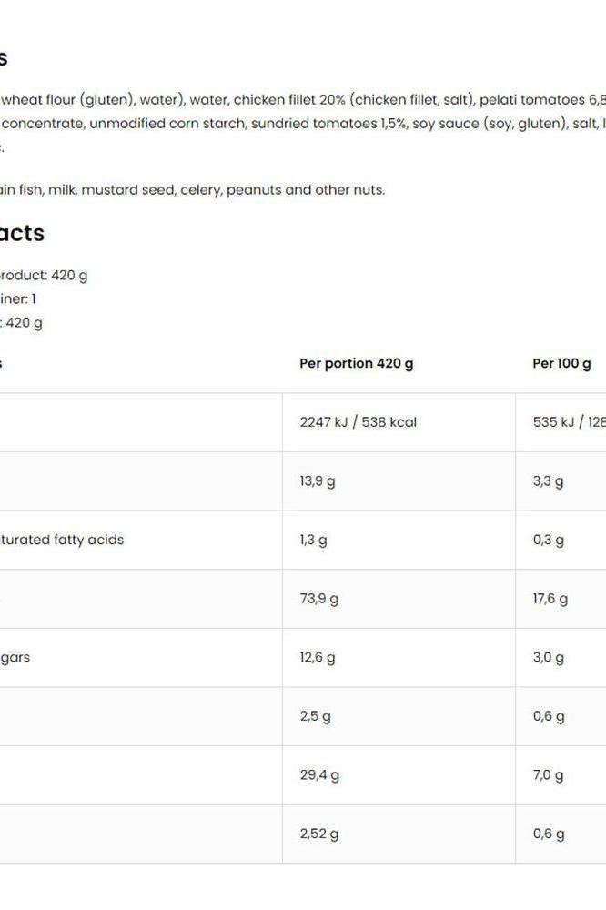 Nutritional information for OstroVit Tuscan chicken pasta dish, showcasing ingredients and serving details.