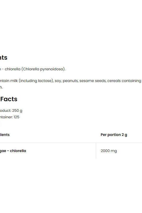 OstroVit Chlorella VEGE 250 g nutritional information and ingredients list for health benefits.