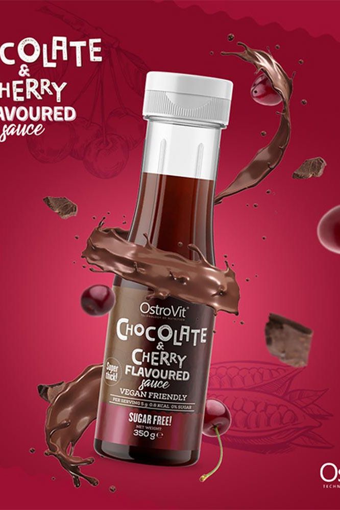 OstroVit Chocolate & Cherry Flavoured Sauce 350g, sugar-free, low-calorie, vegan-friendly dessert topping.