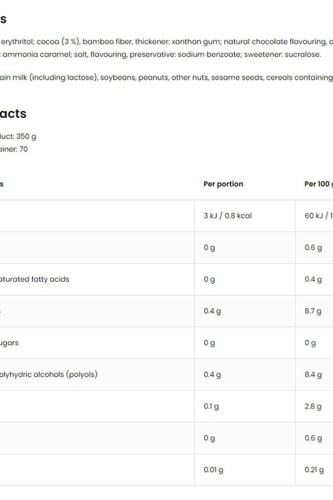 Nutrition facts for OstroVit Chocolate & Cherry Flavoured Sauce, 350 g, including ingredients and calorie content.