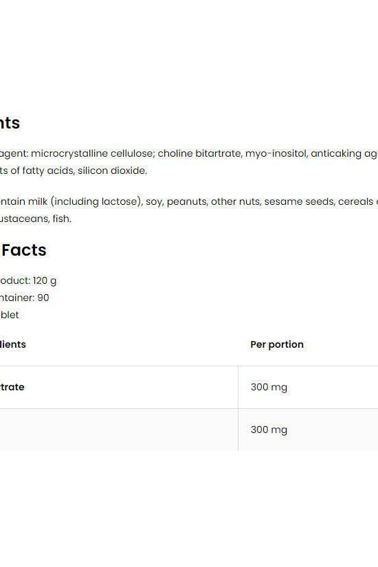 OstroVit Choline + Inositol supplement facts and ingredients list showing per portion details.