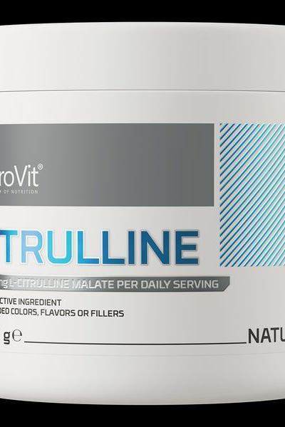 OstroVit Citrulline powder container with 210 g citrulline malate for daily servings.