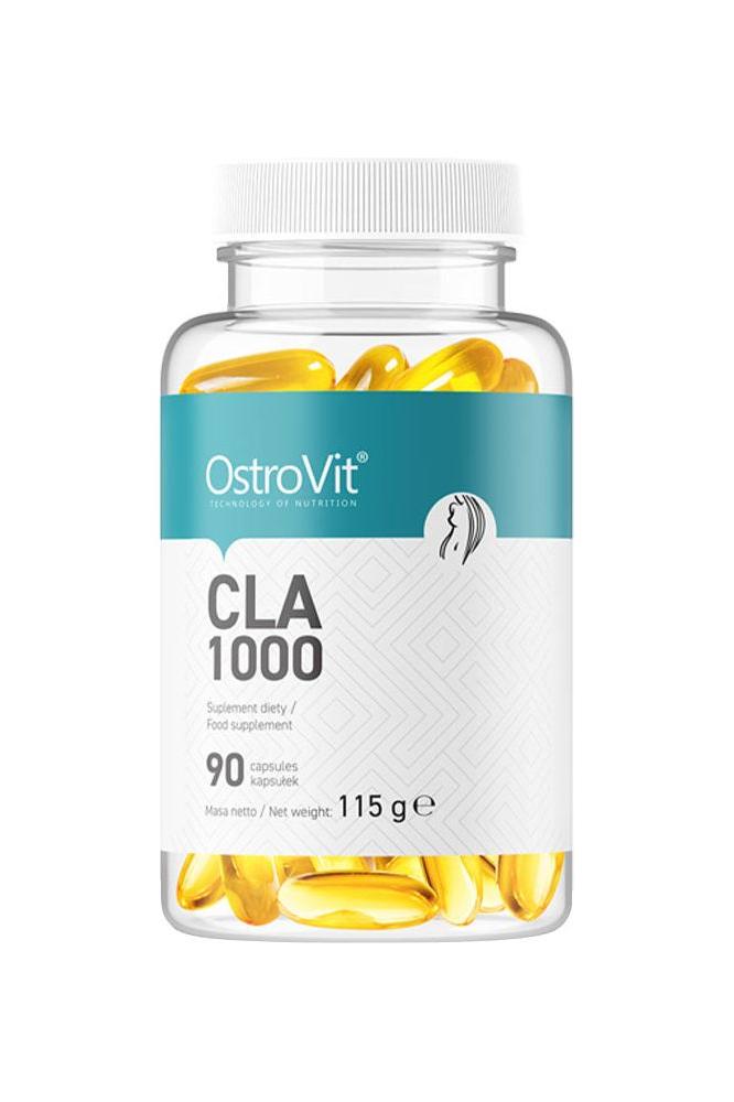 OstroVit CLA 1000 supplement bottle with 90 capsules promoting muscle growth and fat burning.