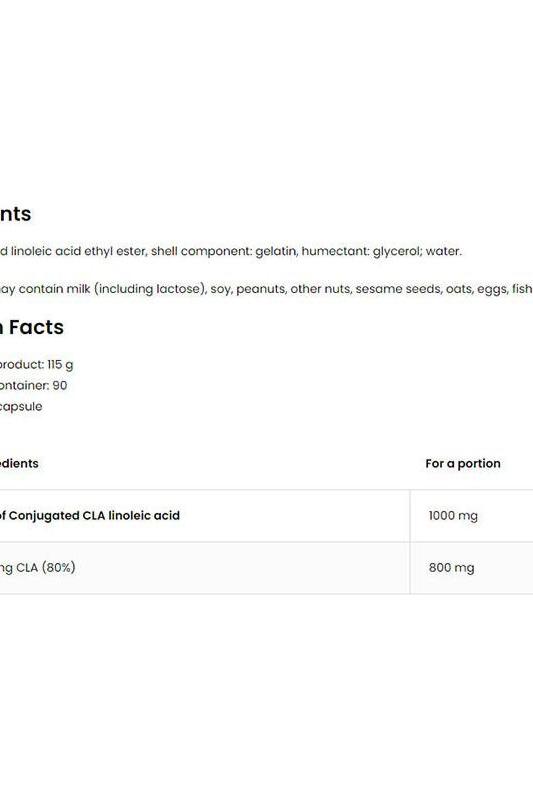 OstroVit CLA 1000 product label showing ingredients and nutritional facts in a capsule format.