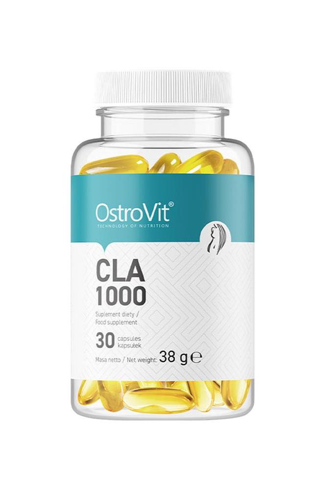 OstroVit CLA 1000 supplement bottle with yellow capsules for muscle growth and fat burning.