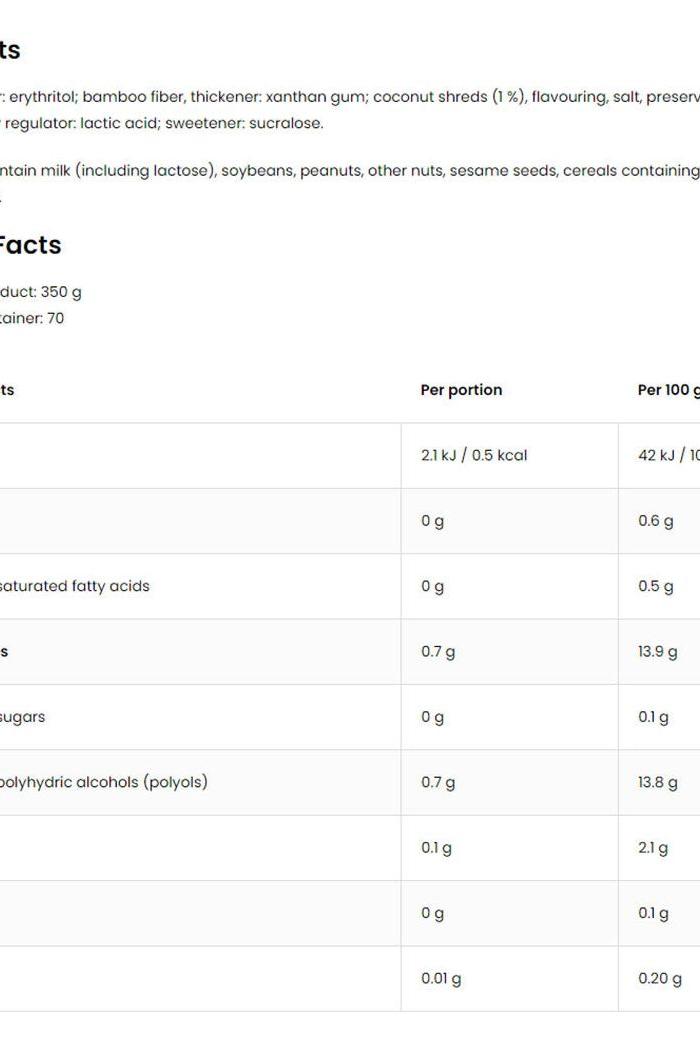 OstroVit Coconut Flavoured Sauce nutritional facts table, 350 g serving size details and ingredients list.