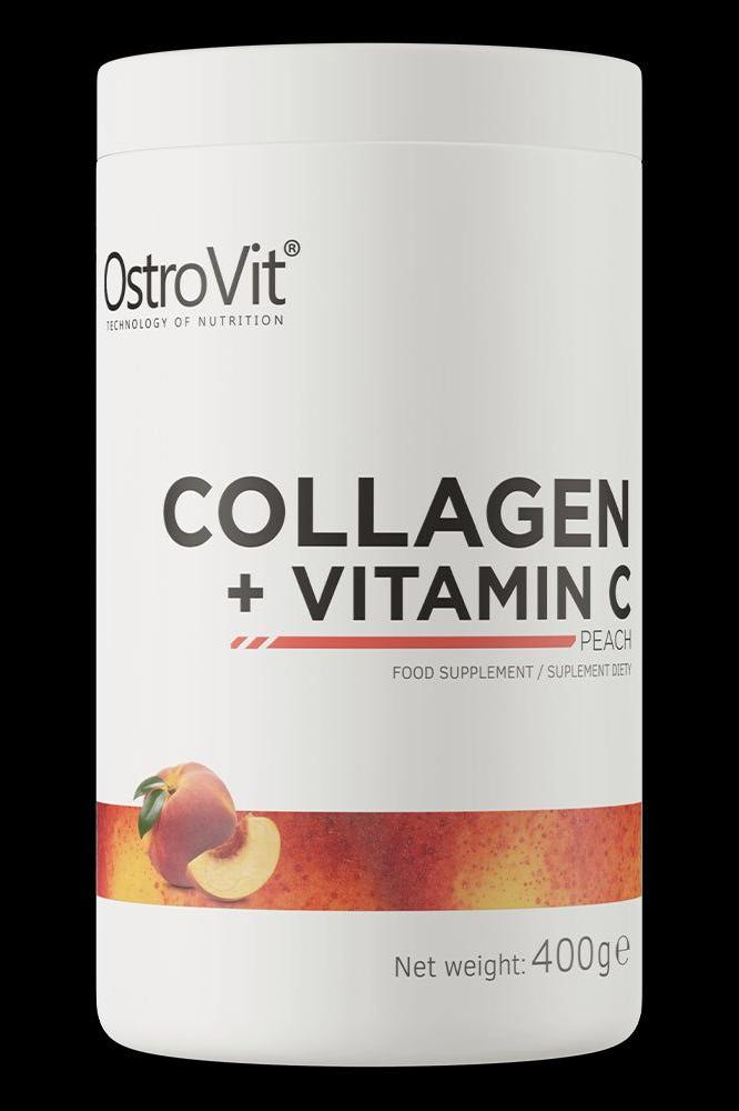 OstroVit Collagen + Vitamin C supplement in peach flavor, 400g container, promoting joint and skin health.