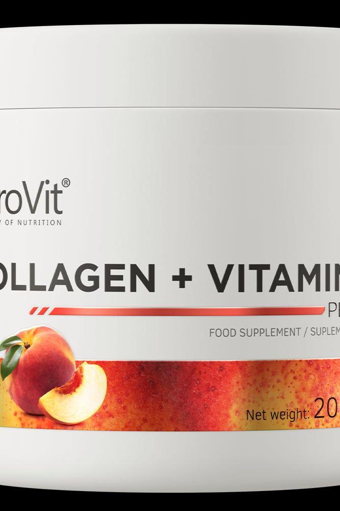 OstroVit Collagen + Vitamin C supplement jar with peach design for enhancing skin and joint health.