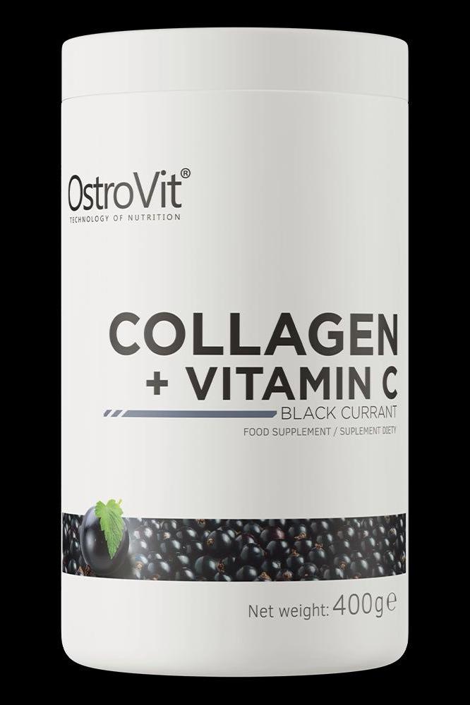 OstroVit Collagen + Vitamin C dietary supplement with black currant, 400g package.