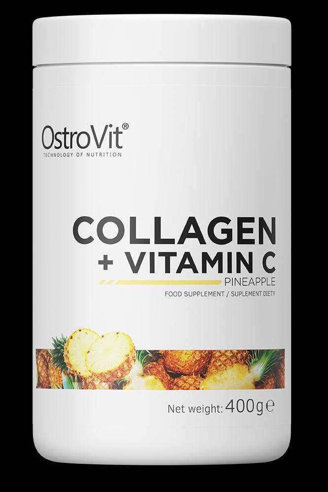 OstroVit Collagen + Vitamin C dietary supplement in pineapple flavor, 400g container.